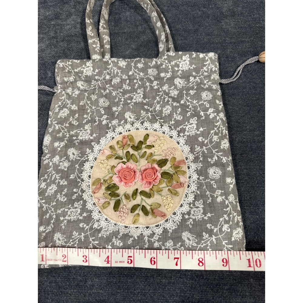 Hopeless Romantic Gray Floral Ribbon Embroidery Lace Drawstring Tote Bag Handbag - Picture 7 of 12
